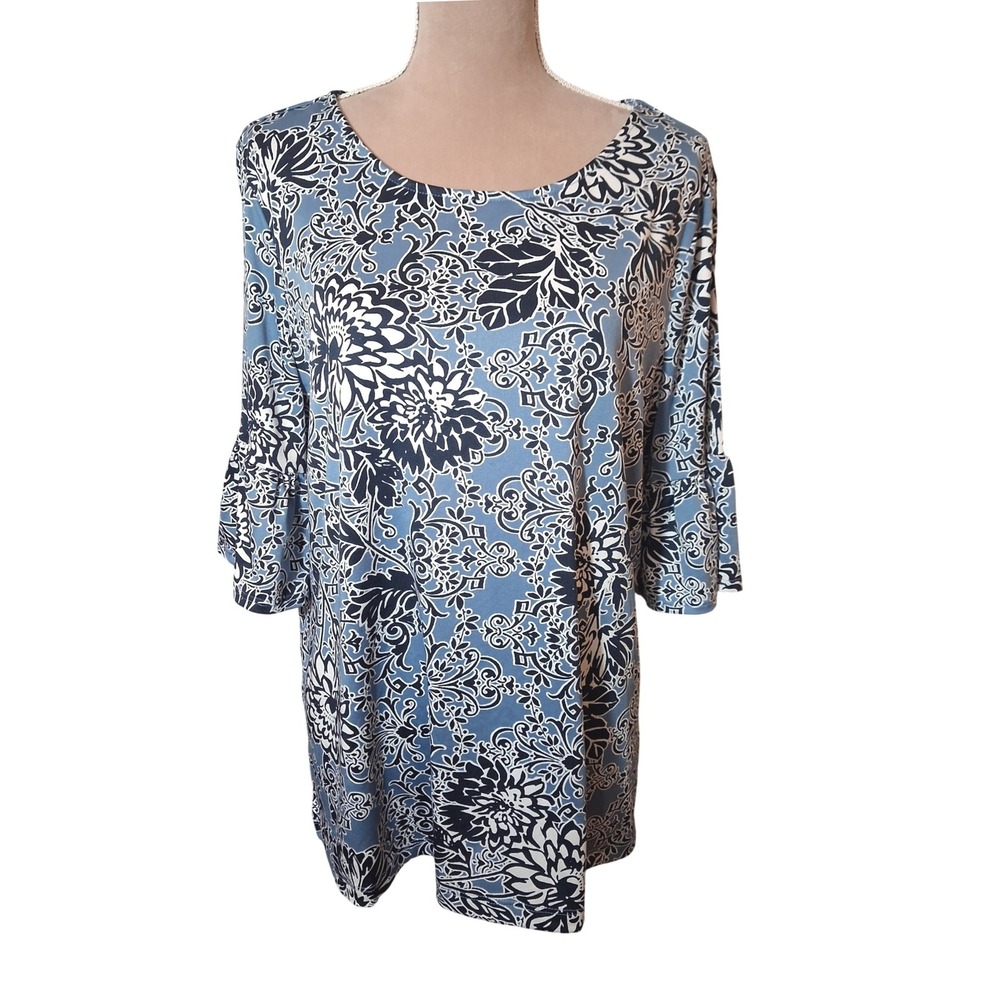 Ruby Rd Womens Blue Floral Damask Bell Sleeve Knit Top Style Size Large Stretch